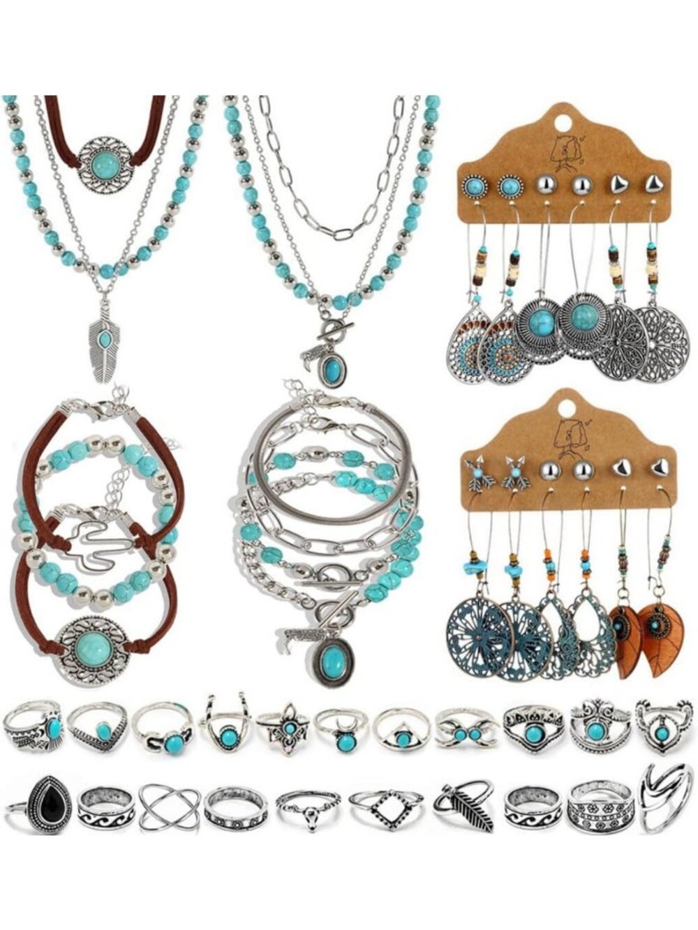 46PCS Bohemian Jewelry Set: Turquoise Necklaces, Dangle Earrings, Bangles